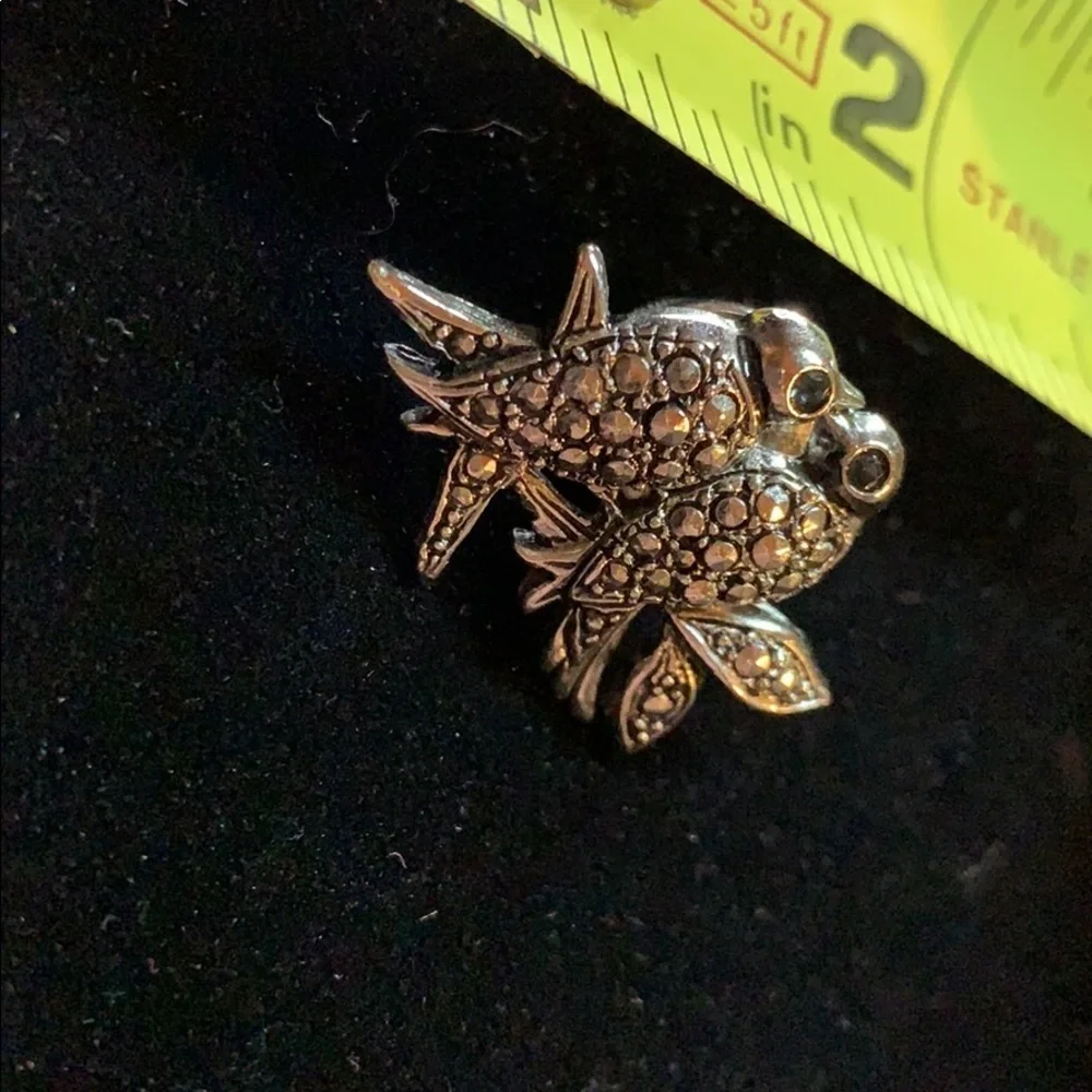 Vintage Lovebirds Pin- Silver w/ Blue Crystal Eyes